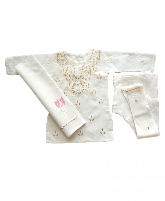 Cotton Frock Chikan Churidar Suit White and Pink