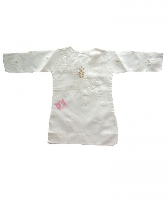 Cotton Frock Chikan Churidar Suit White and Pink