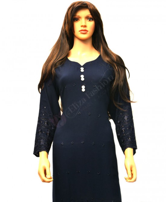 Rayon Light Embroidered Work Kurti-XXL-Navy Blue