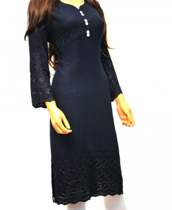 Rayon Light Embroidered Work Kurti-XXL-Navy Blue