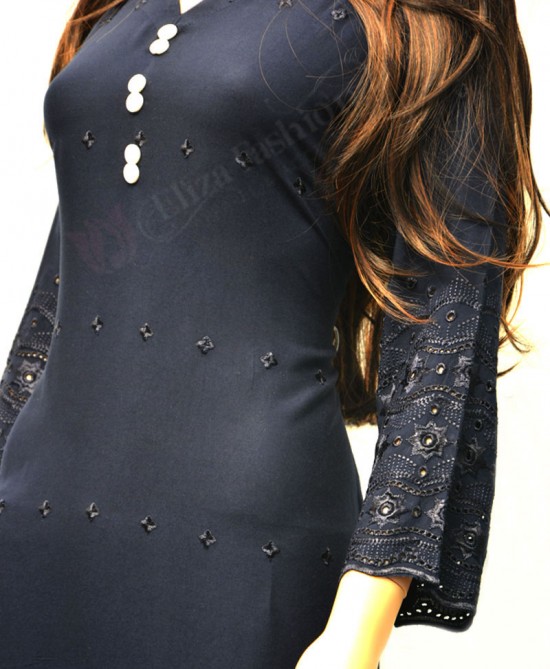 Rayon Light Embroidered Work Kurti-XXL-Navy Blue