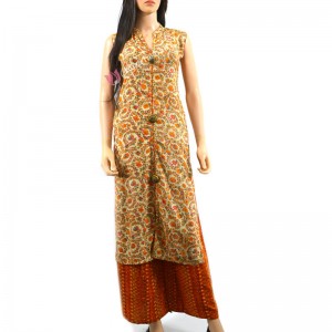 Rayon Orange Printed Palazzo Suit-M-Orange