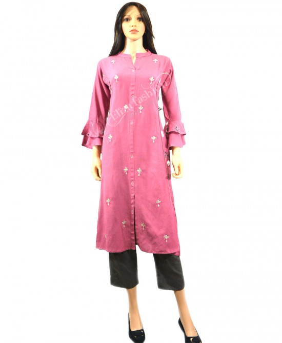 Cotton Purple Color Light Embroibered Kurti & Pant-L-Purple