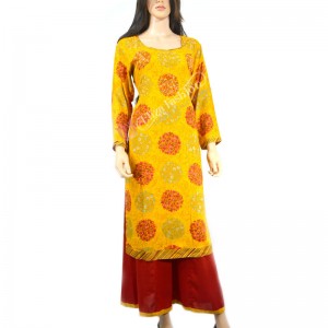 Rayon Yellow Printed Hand Work Palazzo Suit-L-Yellow
