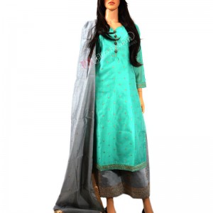 Chanderi Caribbean Green Embroidered Kurti Grey Palazzo with Heavy Worked Grey Dupatta-L-Caribbean Green