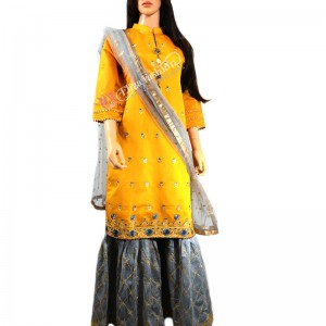 Chanderi Gharara Suit Embroidered-M-Yellow and Grey
