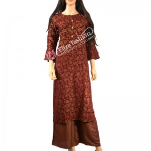 Cotton Palazzo Suit Thread Work and Printed-M-Maroon