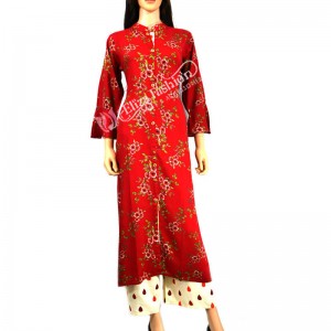 Rayon Palazzo Suit Printed-M-Red
