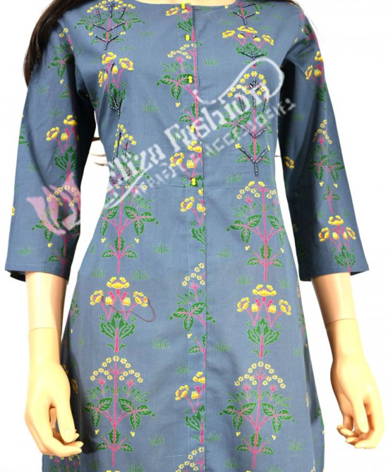 Cotton Kurti Printed and Hand Work-M-Grey