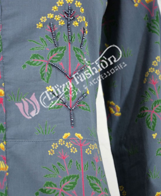 Cotton Kurti Printed and Hand Work-M-Grey
