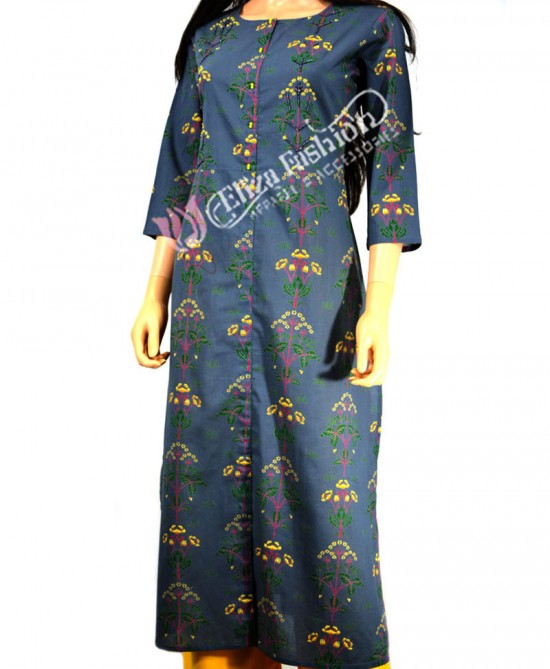 Cotton Kurti Printed and Hand Work-M-Grey