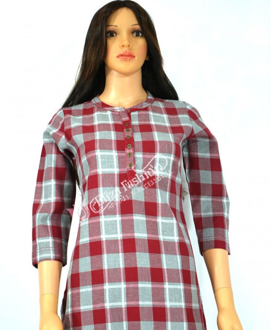 Cotswool Kurti Shopesque Check-L-Red, Grey and White
