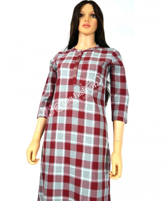 Cotswool Kurti Shopesque Check-L-Red, Grey and White