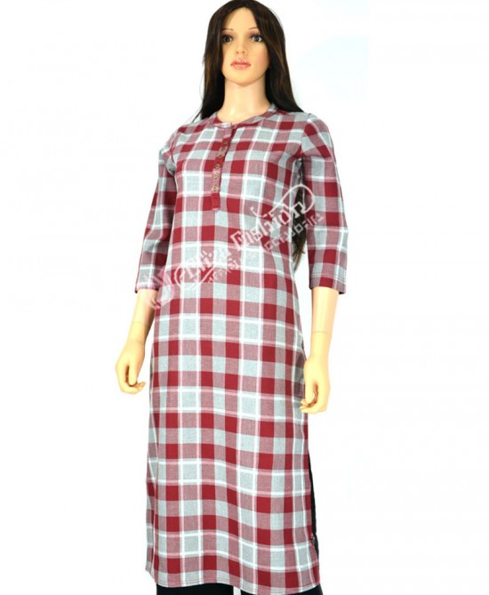 Cotswool Kurti Shopesque Check-L-Red, Grey and White
