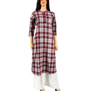 Cotswool Kurti Shopesque Check-L-Red, Grey and White