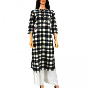 Cotswool Kurti Shopesque Checks-L-Black, Grey and White
