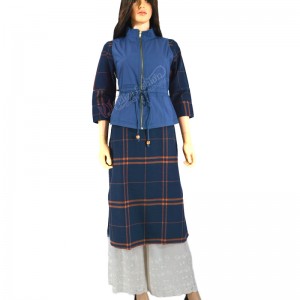 Cotswool Kurti Shopesque Checks with Jacket-L-Navy Blue and Orange