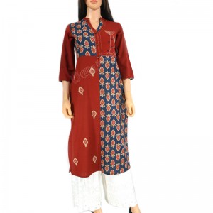 Cotton Kurti Blue and White Thread Hand Work-M-Maroon and Navy Blue