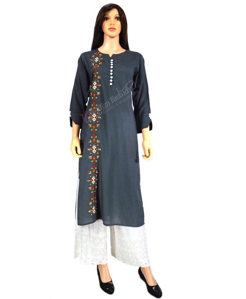 Rayon Kurti Embroidered-L-Grey