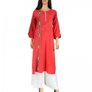 Rayon Kurti Embroidered-M-Hot Pink
