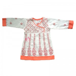 Cotton Frock Chikan Churidar Suit White and Peach