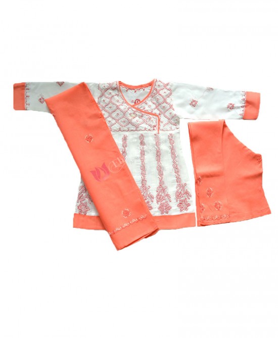 Cotton Frock Chikan Churidar Suit White and Peach