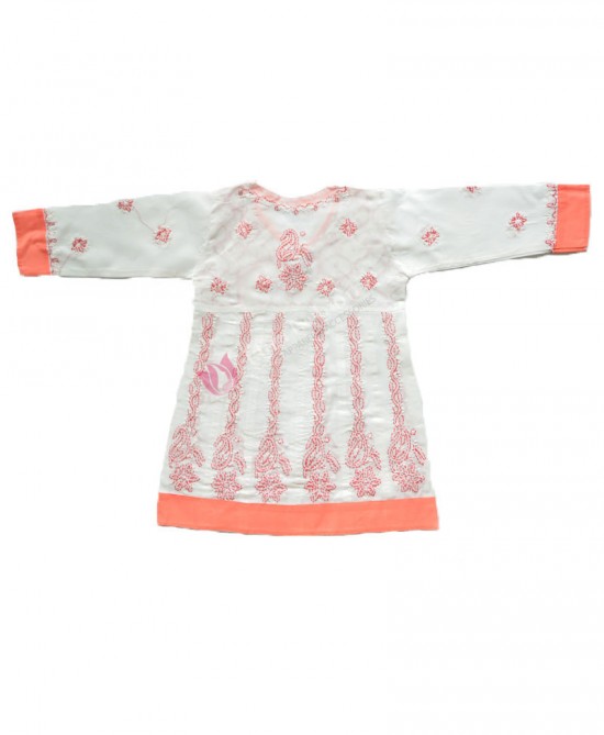 Cotton Frock Chikan Churidar Suit White and Peach