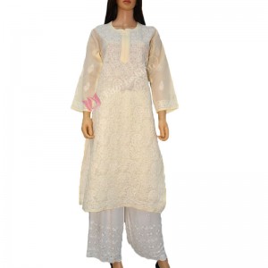 Cotton Kurti Chikan Hand Embroidered-L-Tan