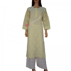 Cotton Kurti Chikan Hand Embroidered-L-Lemon