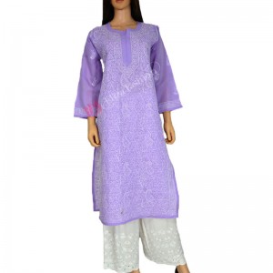 Cotton Kurti Chikan Hand Embroidered-L-Purple