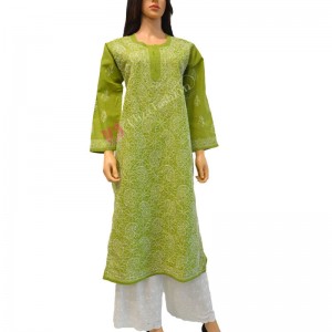 Cotton Kurti Chikan Hand Embroidered-XL-Light Green