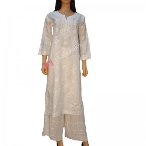 Cotton Linen Kurti Chikan Hand Embroidered-M-White