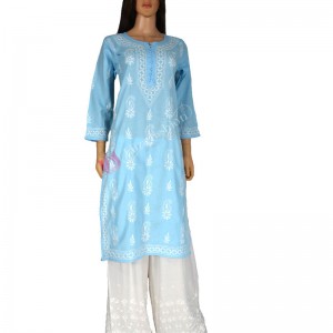 Cotton Linen Kurti Chikan Hand Embroidered-M-Light Blue