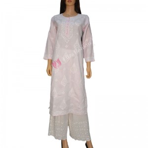 Cotton Linen Kurti Chikan Hand Embroidered-M-Light Pink