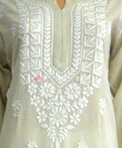 Rayon Kurti Chikan Hand Embroidered-L-Light Moss