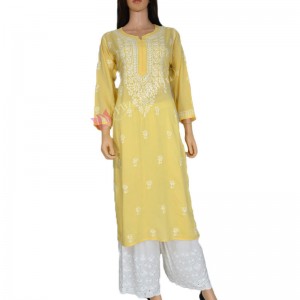 Rayon Kurti Chikan Hand Embroidered-XL-Yellow