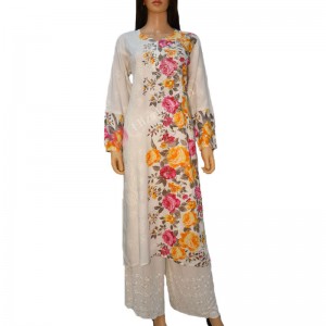 Rayon Printed Kurti Chikan Hand Embroidered-L- White Printed